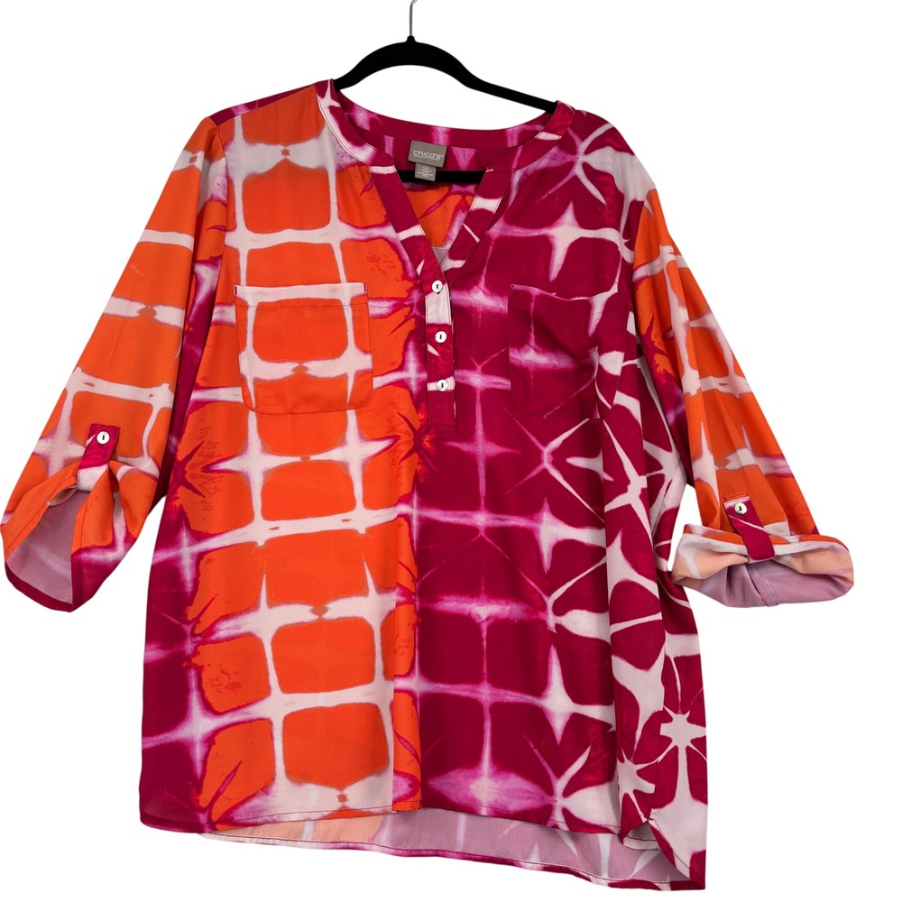 Chico's Tunic Blouse Top Size XL Orange Red Tie Dye Geometric Roll Tab Sleeve